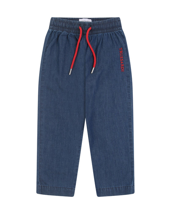 Jeans Trussardi in jearsy con elastico e coulisse in vita e scritta di colore rosso sulla gamba sinistra