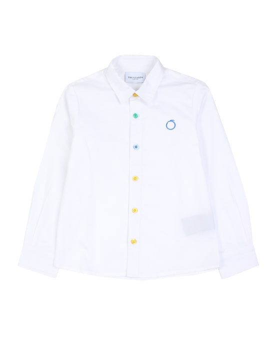 Camicia Trussardi di colore bianco con bottoncini colorati sul davanti e scritta ricamata sulle spalle