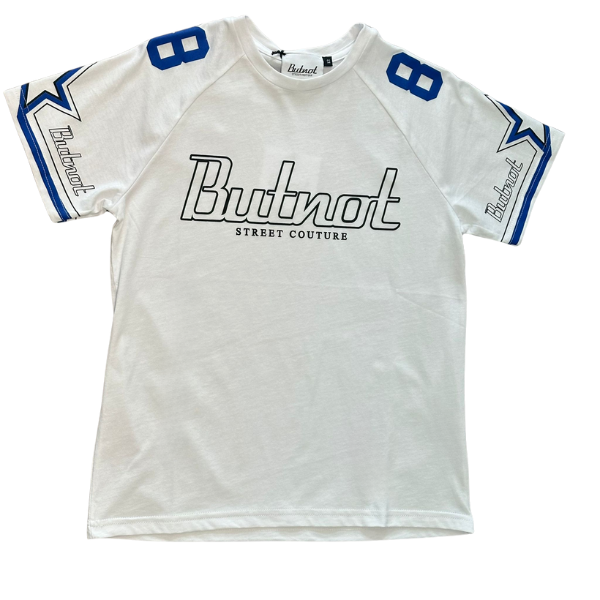 Tshirt ButNot con scritta sul davanti e numeri con righe sulle maniche