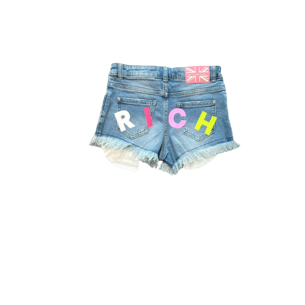 Shorts Richmond in jeans sfrangiato sul fondo con scritta "Rich" sul retro colorata