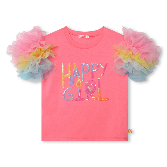 Tshirt Billieblush con manica in tulle colorato e scritta "Happy Girl"