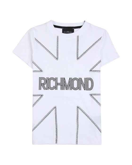 Tshirt Richmond bianca con scritta e bandiera tono su tono sul davanti