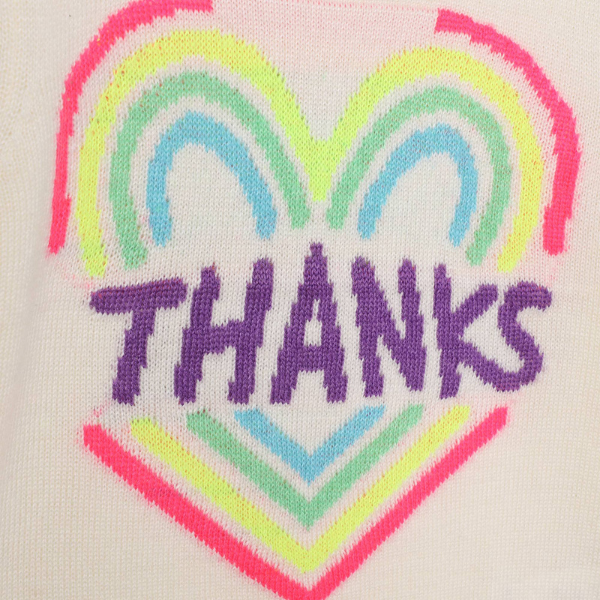 Maglione Billieblush avorio con polsini colorati e ricamo con scritta "Thanks" in maglia sul davanti