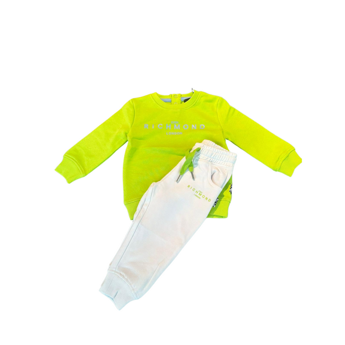 Completo Richmond composto da felpa color verde lime e pantalone tuta di colore bianco