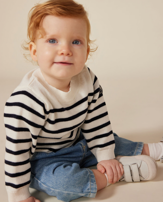 Maglione Petit Bateau di lana e cotone rigato bianco e blu