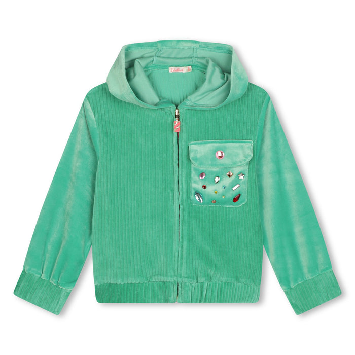 Felpa Billieblush verde in velluto con zip e cappuccio