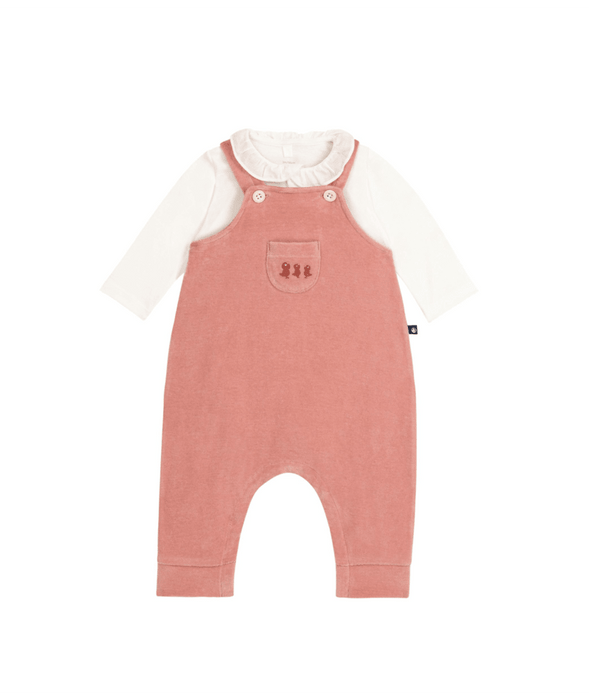 Salopette Petit Bateau in velluto con pulcini e body bianco con collo rifinito