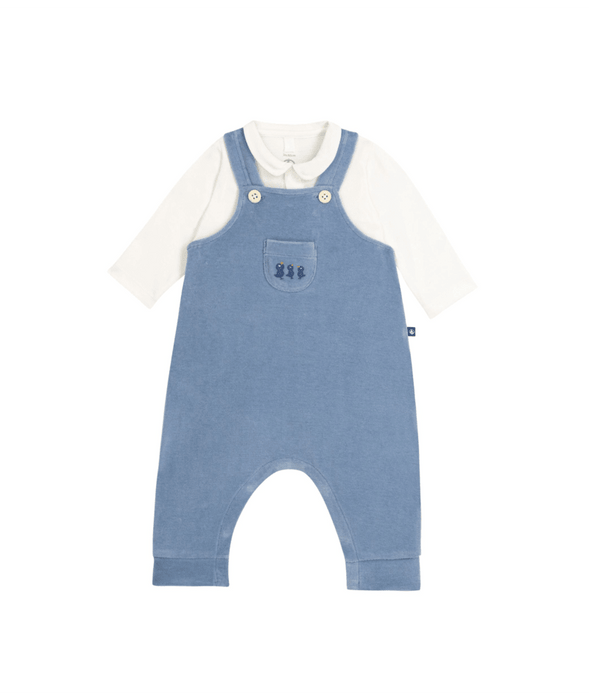 Salopette Petit Bateau in velluto con pulcini e body bianco con collo rifinito