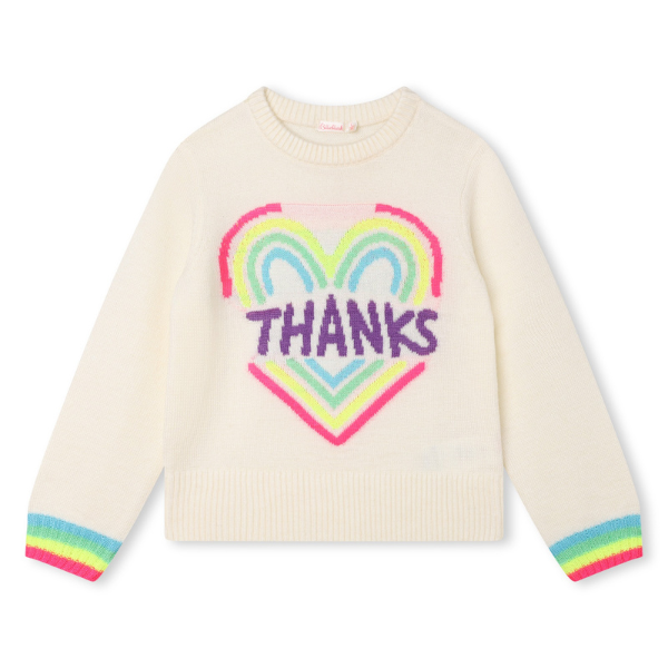 Maglione Billieblush avorio con polsini colorati e ricamo con scritta "Thanks" in maglia sul davanti