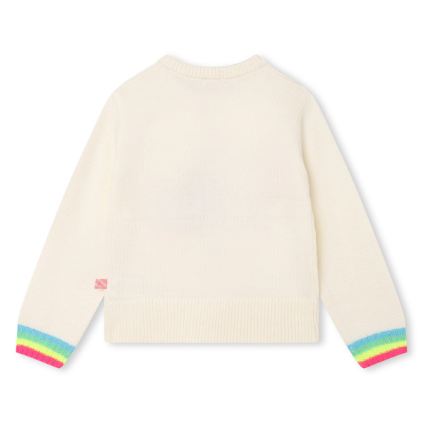 Maglione Billieblush avorio con polsini colorati e ricamo con scritta "Thanks" in maglia sul davanti